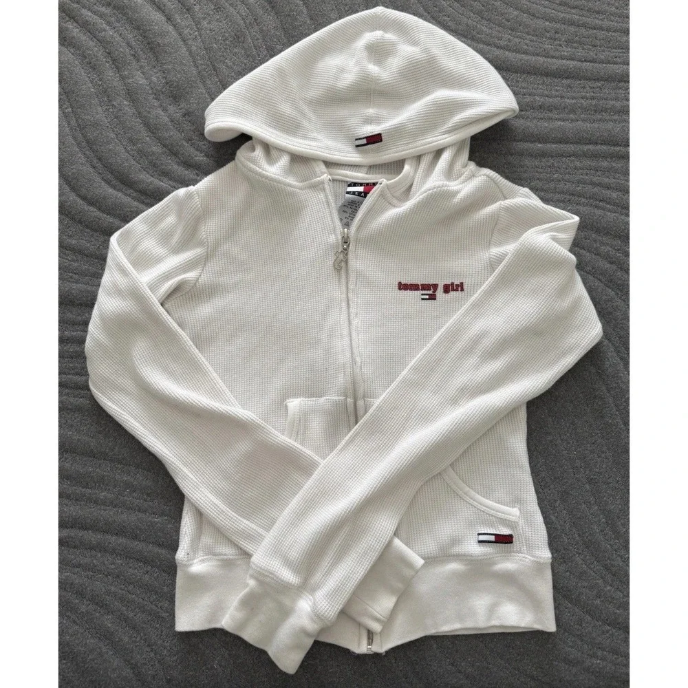 VTG Y2K Tommy Girl Hilfiger Full‎ Zip Sweater Hoodie Waffle Knit White Small